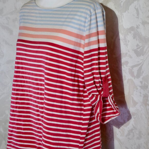 St. John's Bay Women's XL Multi-Color Striped Roll-Tab Sleeve Crew Neck Top - Picture 4 of 5
